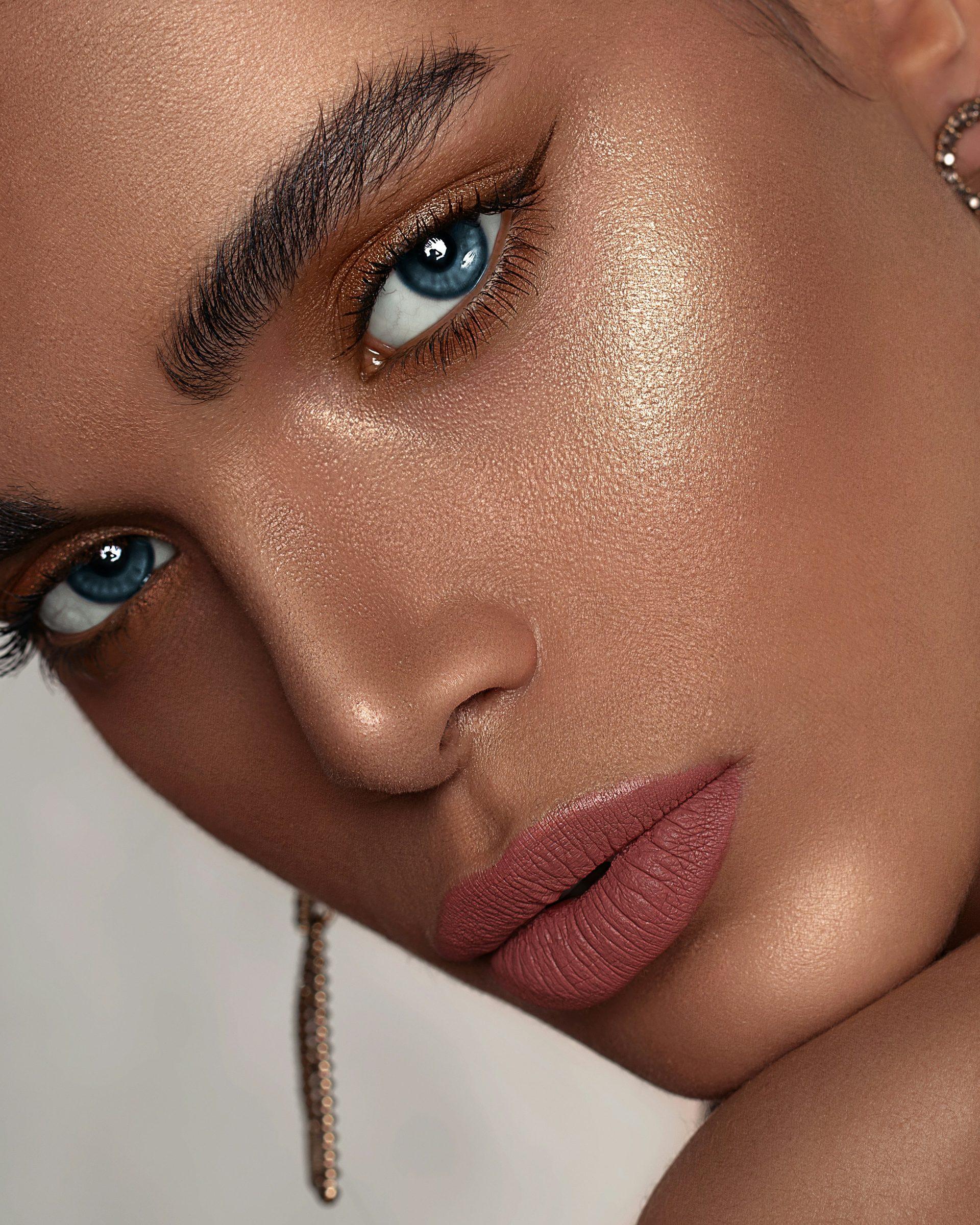 Close-up of radiant, second-skin glowing bridal makeup